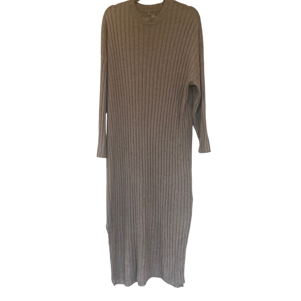 H&M Womens Ribbed Knit Maxi Dress Taupe Brown Wool Blend Long Sleeve Small